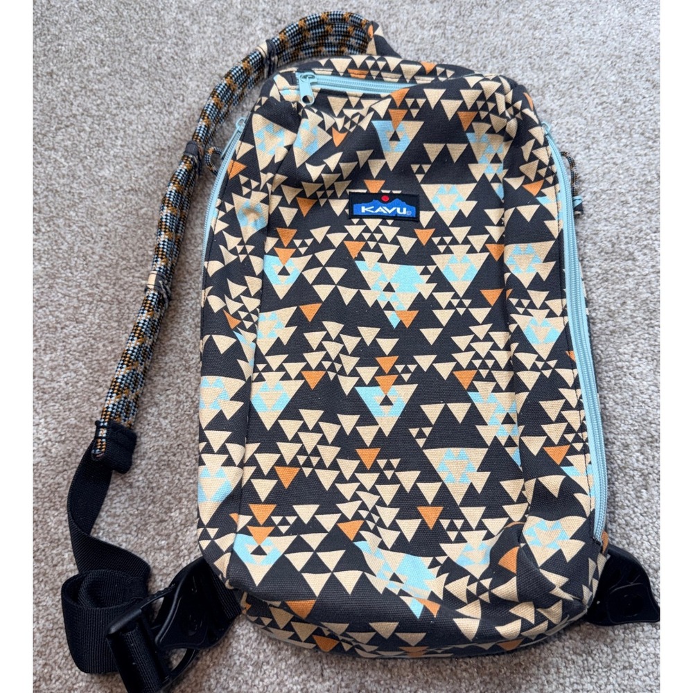 KAVU Rope Sling Bag Geometric Triangle Canvas Crossbody Black Blue Orange 16in